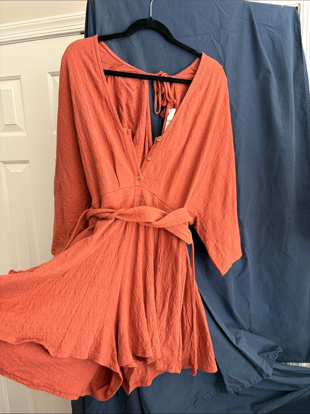 Rust Orange Textured V-Neck Belted Romper